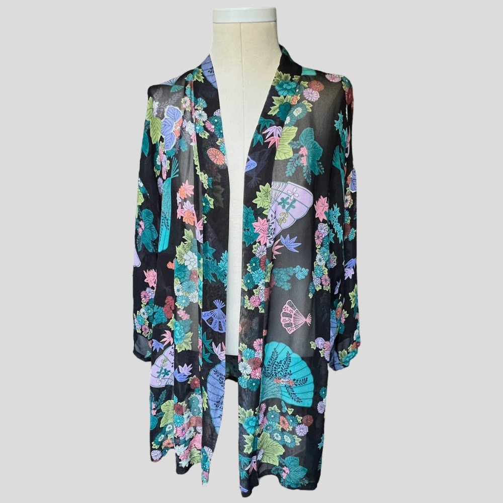 Vintage Sensu Fan Floral Print Sheer Chiffon Rayon Open Front Kimono Jacket